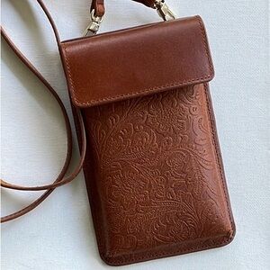 MW Embossed Brown Leather Crossbody Phone Case Small with ID Card Slots